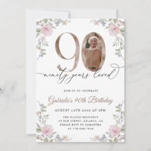 Pink Roses Elegant 90th Birthday Invitation