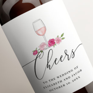 Pink roses. Elegant blush floral script wedding Wine Label