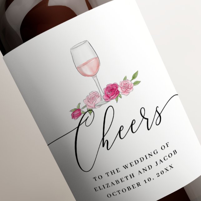 Pink roses. Elegant blush floral script wedding Wine Label (Creator Uploaded)