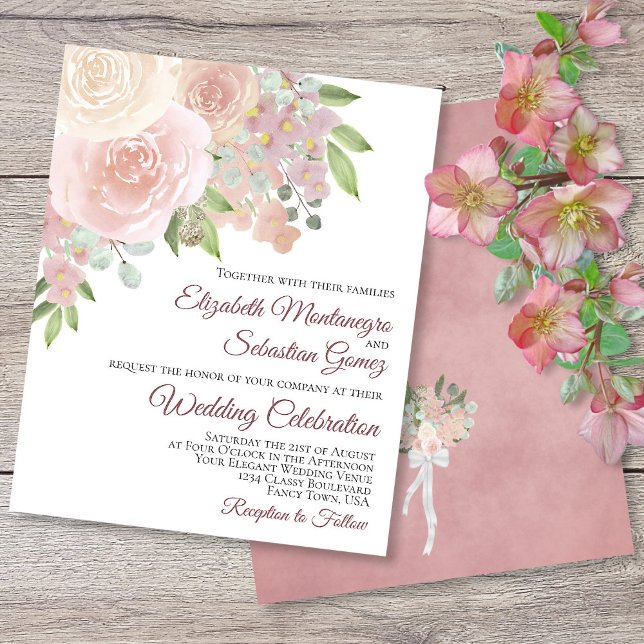 Pink Roses Elegant Boho BUDGET Wedding Invitation (In Situ Front/Back)