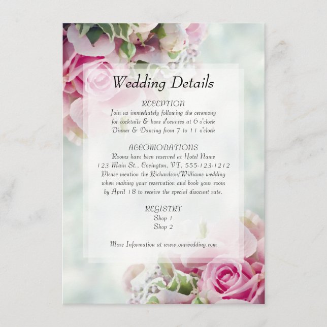 Pink Roses Elegant Chic Floral Wedding Details Enclosure Card (Front)
