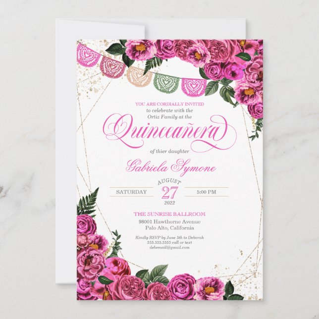 Pink Roses Elegant Fiesta Floral Quinceañera Invitation (Front)