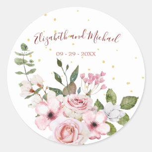 Pink Roses Elegant Floral Wedding Classic Round Sticker