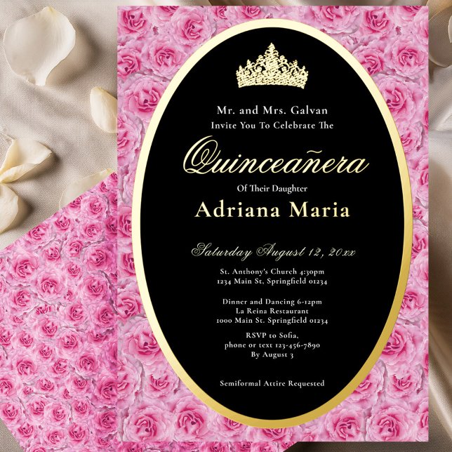 Pink Roses Elegant Gold Floral Quinceanera   (Creator Uploaded)