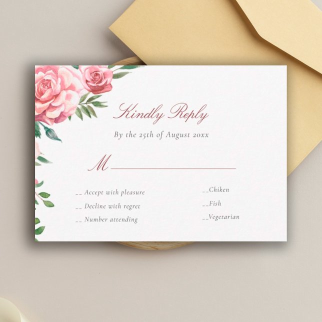 Pink roses elegant meal choices wedding RSVP card (Creator Uploaded)