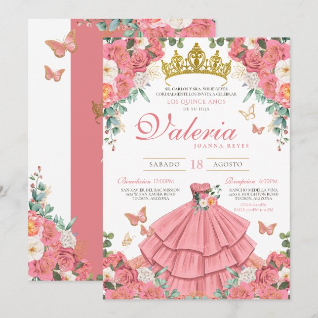 Pink Roses Elegant Princess Butterfly Quinceanera  Invitation (Front/Back)