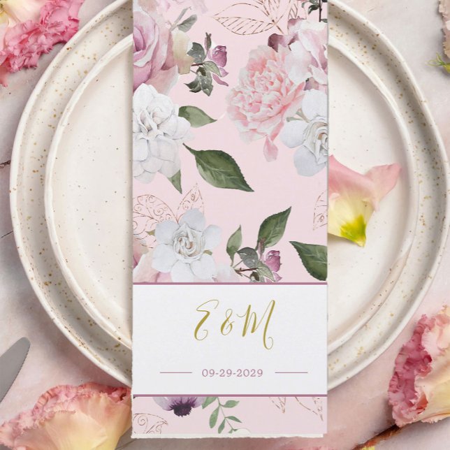 Pink Roses Elegant Romantic  Monogram Menu (Creator Uploaded)