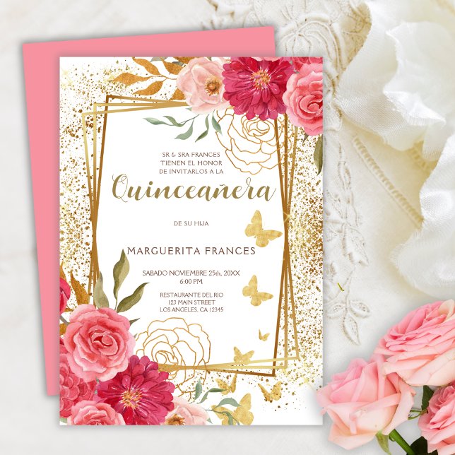 Pink Roses Elegant Spanish Quinceañera Mis Quince  Invitation (Creator Uploaded)