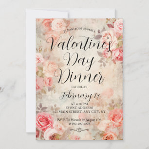 Pink Roses Elegant Valentine's Day Dinner Party Invitation