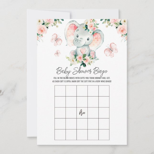 Pink Roses Elephant Baby Name Baby Shower Bingo Invitation (Front)