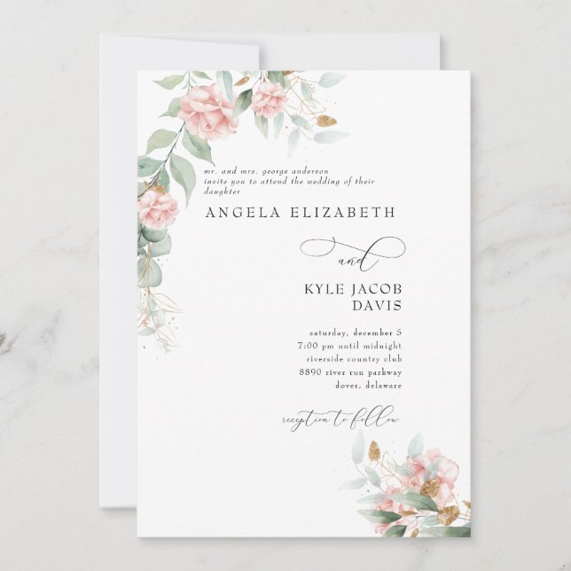  Pink Roses Eucalyptus Bride Parents Wedding Invitation (Front)