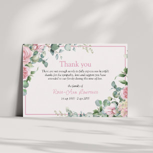 Pink roses eucalyptus leaves floral frame funeral thank you card