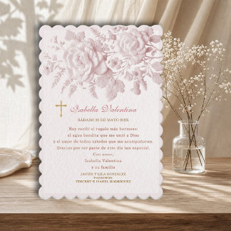 Pink Roses Faux Embossed Bautizo Thank You Card 