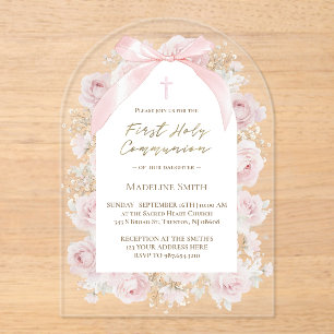 pink roses First Holy Communion Acrylic Invitations