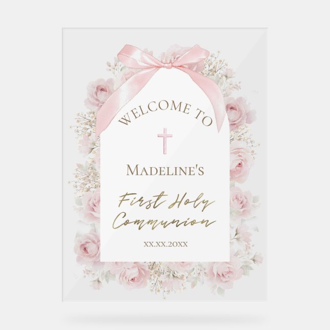  pink roses First Holy Communion welcome sign (Front)