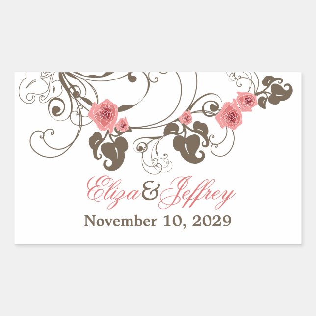 Pink Roses Fleur Romantic Floral Elegant Wedding Rectangular Sticker (Front)