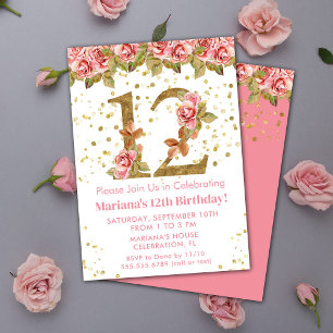 Pink Roses Floral 12th Birthday Party Invitation