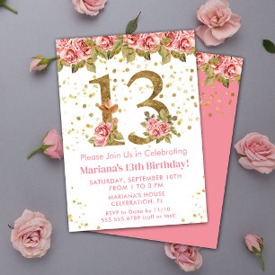 Pink Roses Floral 13th Birthday Party Invitation