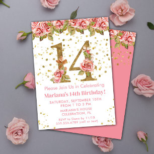 Pink Roses Floral 14th Birthday Party Invitation