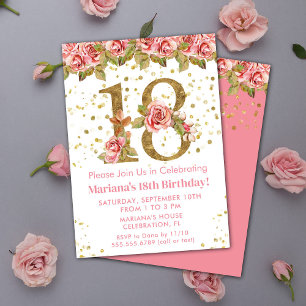 Pink Roses Floral 18th Birthday Party Invitation