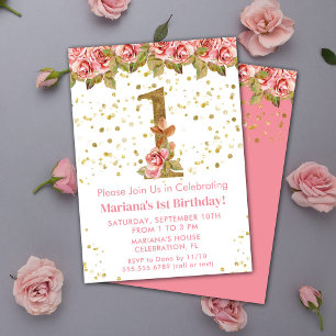 Pink Roses Floral 1st Birthday Party Invitation