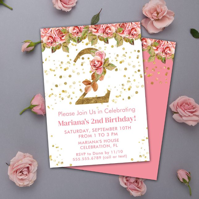 Pink Roses Floral 2nd Birthday Party Invitation (Creator Uploaded)