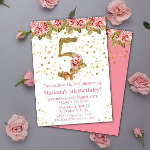Pink Roses Floral 5th Birthday Party Invitation