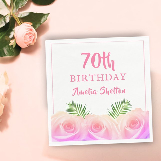 Pink Roses Floral 70th Birthday Party Napkin (Creator Uploaded)