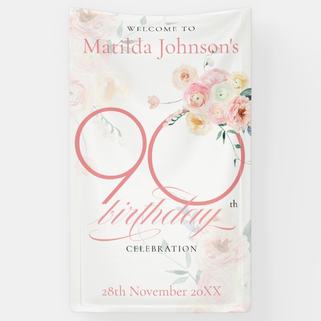 Pink Roses Floral 90th Birthday Party Welcome Banner (Vertical)