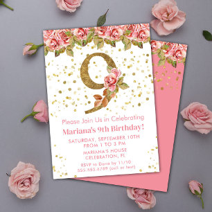 Pink Roses Floral 9th Birthday Party Invitation
