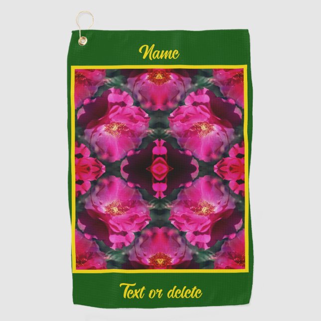 Pink Roses Floral Abstract Art Personalised Golf Towel (Front)