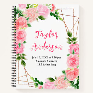 Pink Roses Floral Baby Birth Stats Notebook