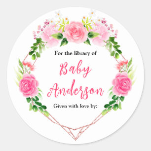 Pink Roses Floral Baby Shower Bookplate Classic Round Sticker