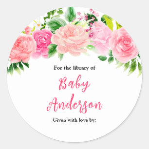 Pink Roses Floral Baby Shower Bookplate Classic Round Sticker