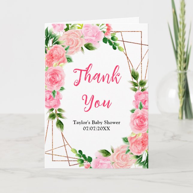 Pink Roses Floral Baby Shower Thank You Card (Front)