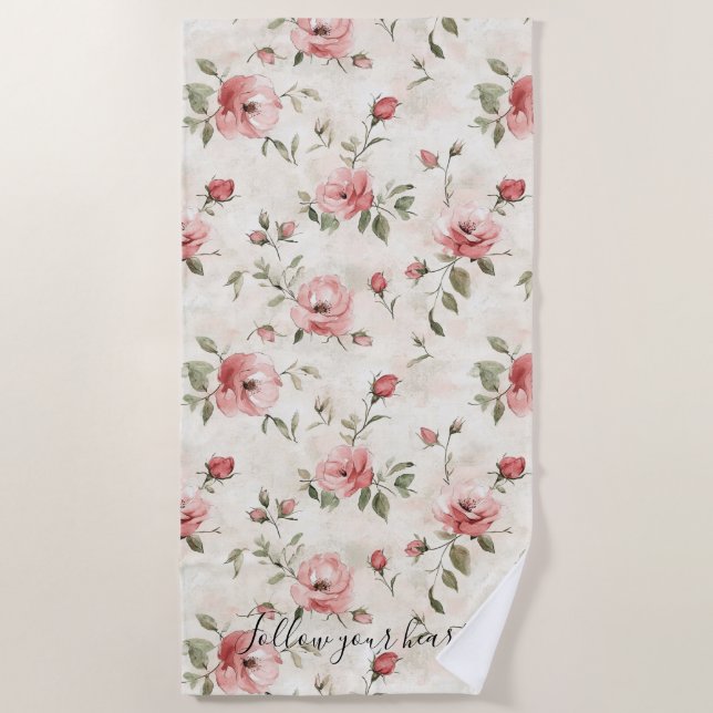 Pink Roses Floral  Beach Towel (Front)