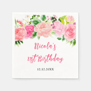 Pink Roses Floral Birthday Napkin