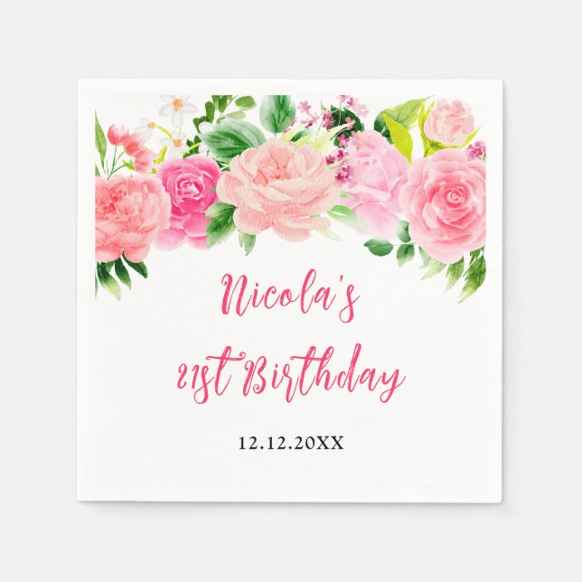 Pink Roses Floral Birthday Napkin (Front)