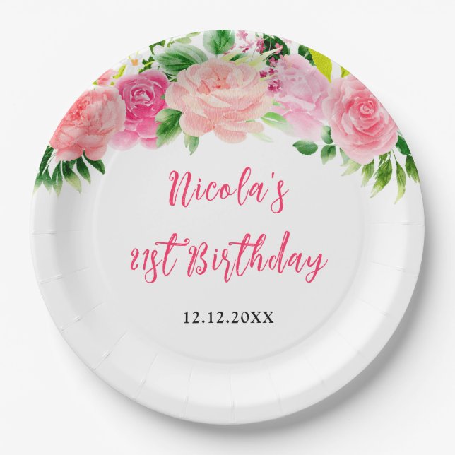 Pink Roses Floral Birthday Paper Plate (Front)