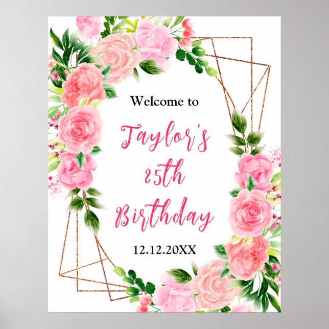 Pink Roses Floral Birthday Party Welcome Sign (Front)