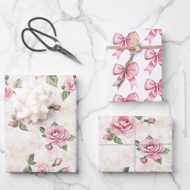 Pink Roses Floral Birthday Wrapping Paper Sheet (Front)