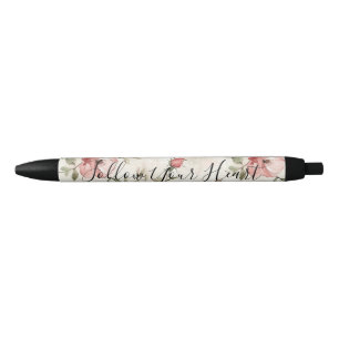 Pink Roses Floral  Black Ink Pen