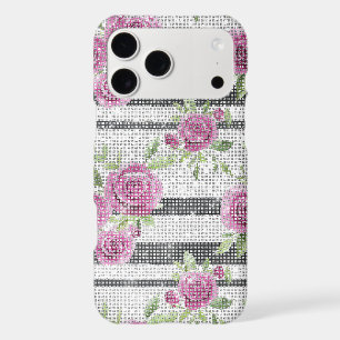 Pink Roses Floral Black Stripes Sparkle
