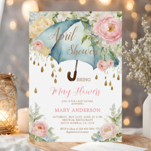 Pink Roses Floral Blue Umbrella April Showers Invitation