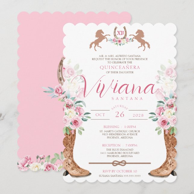 Pink Roses Floral Boots Western Charro Quinceañera Invitation (Front/Back)