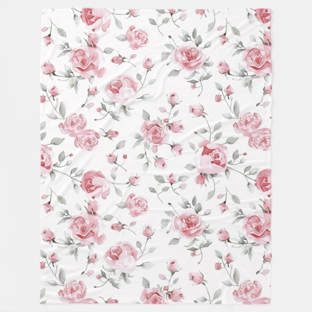 Pink Roses Floral Bridal Shower Fleece Blanket (Front)