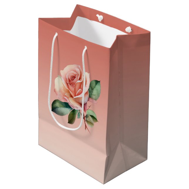 Pink Roses Floral Bridal Shower Medium Gift Bag (Front Angled)
