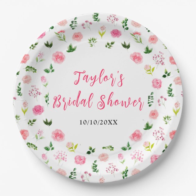 Pink Roses Floral Bridal Shower Paper Plate (Front)
