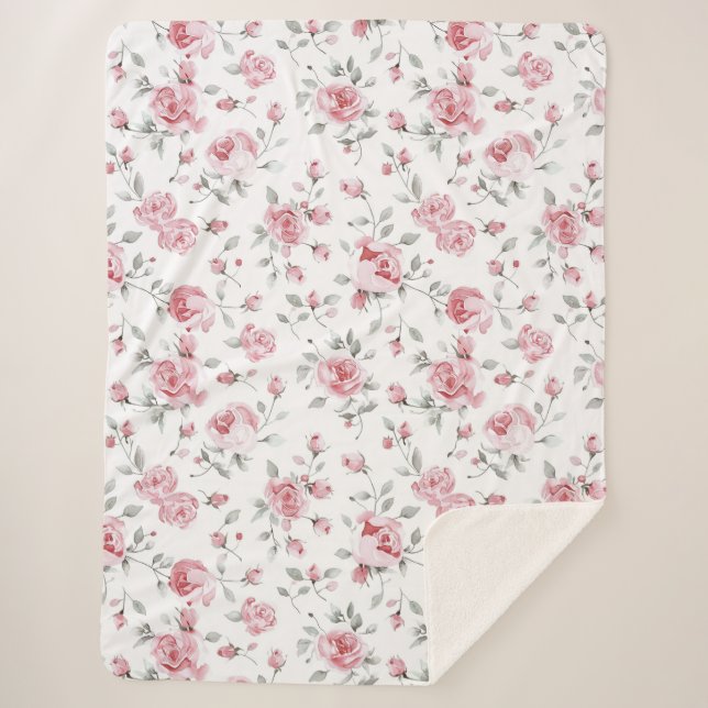 Pink Roses Floral Bridal Shower Sherpa Blanket (Front)