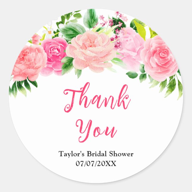 Pink Roses Floral Bridal Shower Thank You Classic Round Sticker (Front)